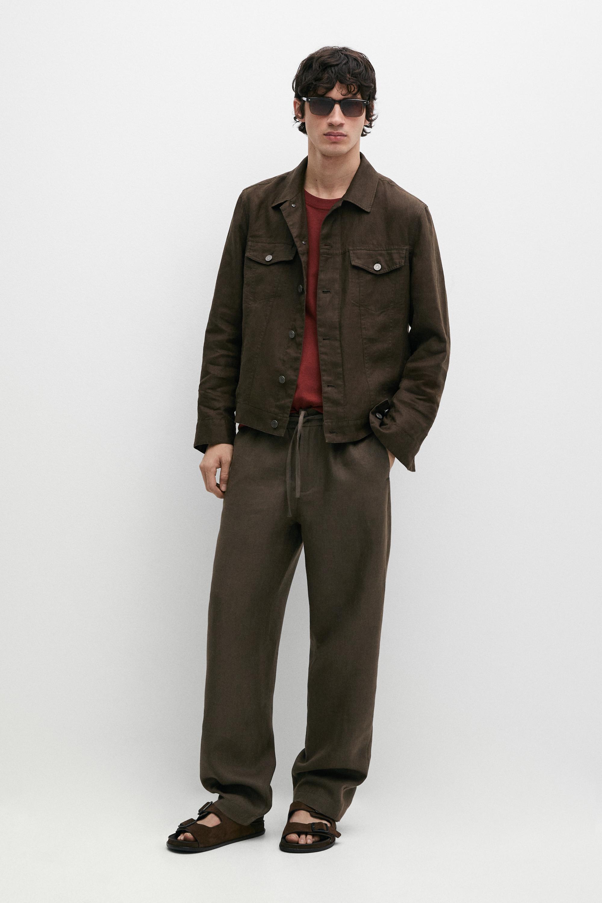100% linen trousers with herringbone detail